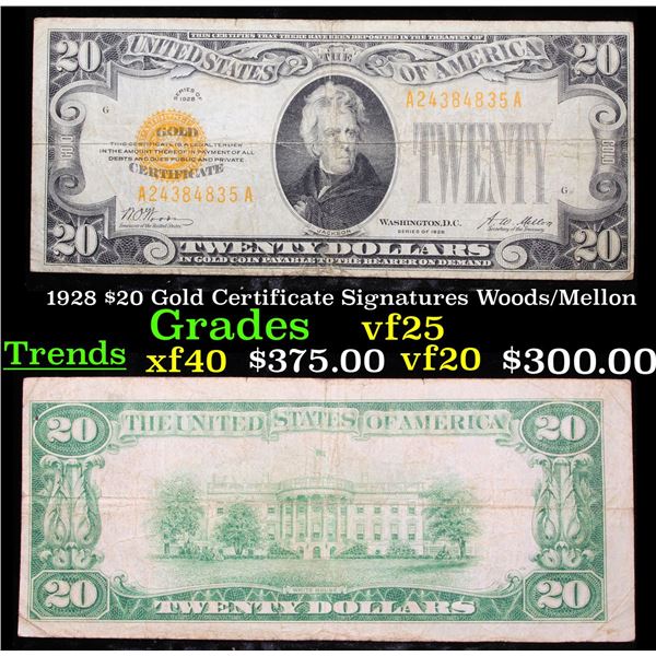 1928 $20 Gold Certificate Signatures Woods/Mellon Grades vf+