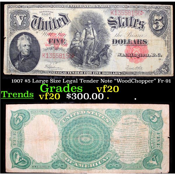 1907 $5 Large Size Legal Tender Note "WoodChopper" Fr-91 Grades vf, very fine