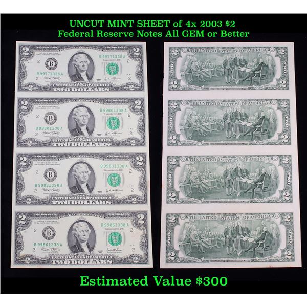 UNCUT MINT SHEET of 4x 2003 $2 Federal Reserve Notes All GEM or Better