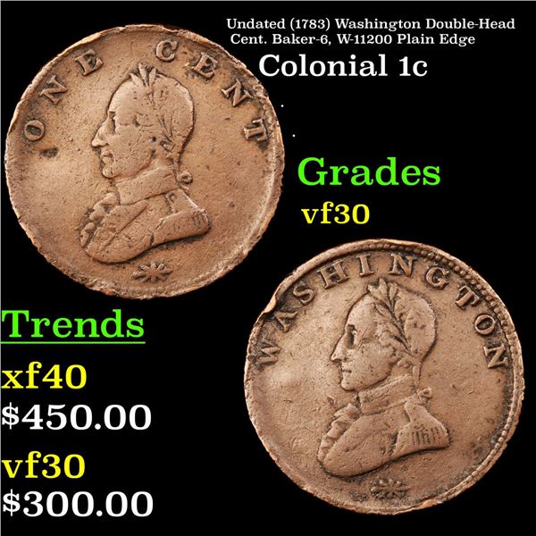 Undated (1783) Washington Double-Head Cent. Baker-6, W-11200 Plain Edge Colonial Cent Grades vf++