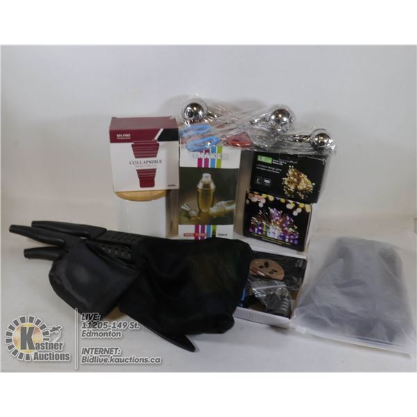 FLAT OF KNIVES, VARIOUS KITCHEN ITEMS, AND MORE