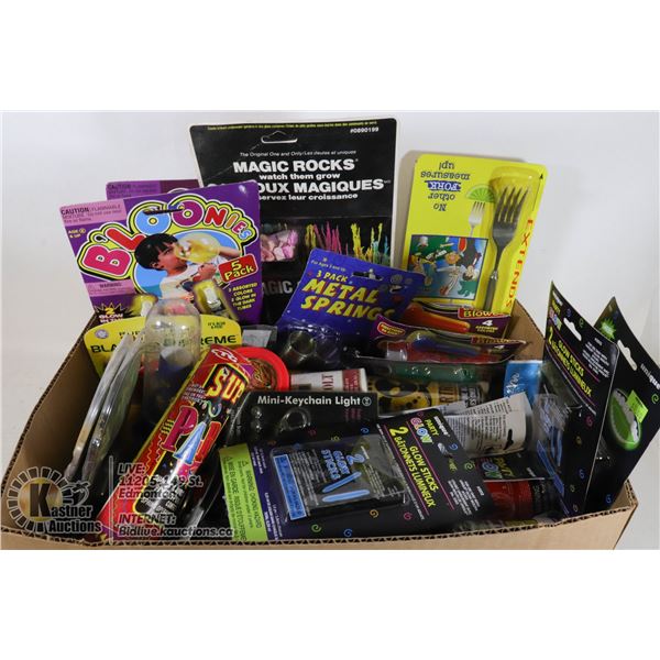 BOX WITH NEW LONG FORK, GLOW STICKS, HAND CUFFS