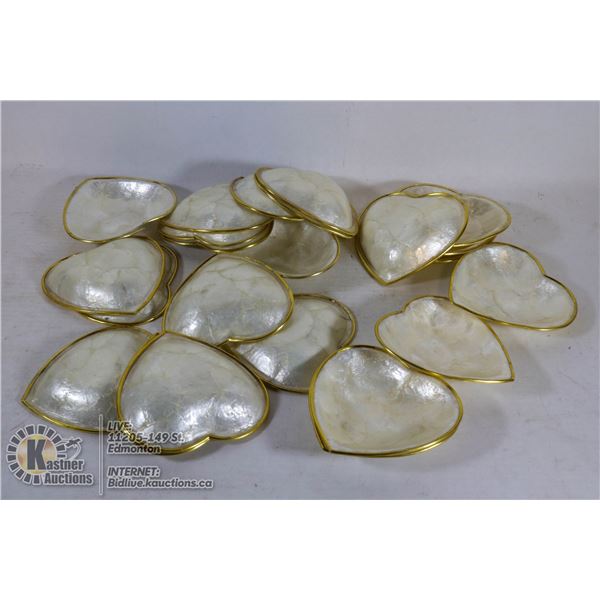 BOX OF MOTHER OF PEARL HEART SHAPED BOWLS