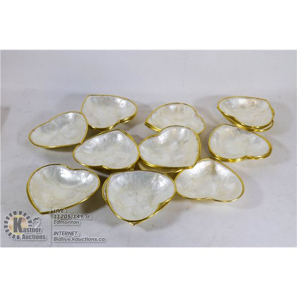BOX OF MOTHER OF PEARL HEART SHAPED BOWLS
