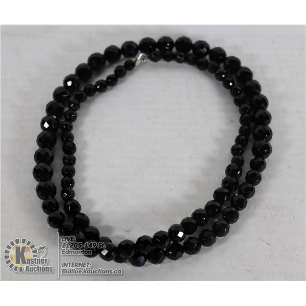 ONYX BEAD NECKLACE 34 INCHES, STERLING .925 CLASP