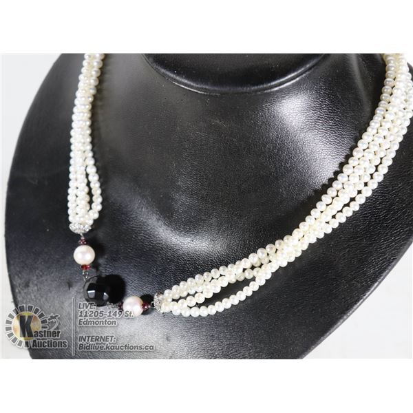STERLING SILVER .925 PEARL, GARNET, ONYX NECKLACE