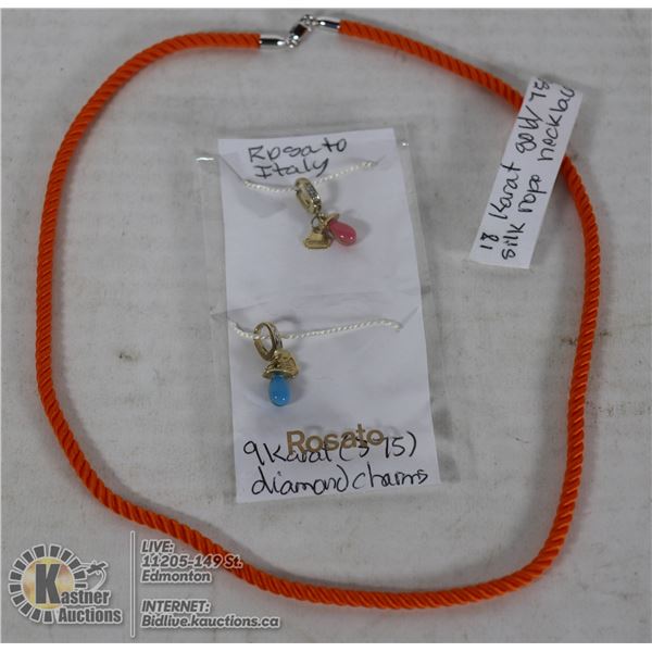 18 KARAT GOLD/SILK NECKLACE, 2 9 KARAT GOLD CHARMS