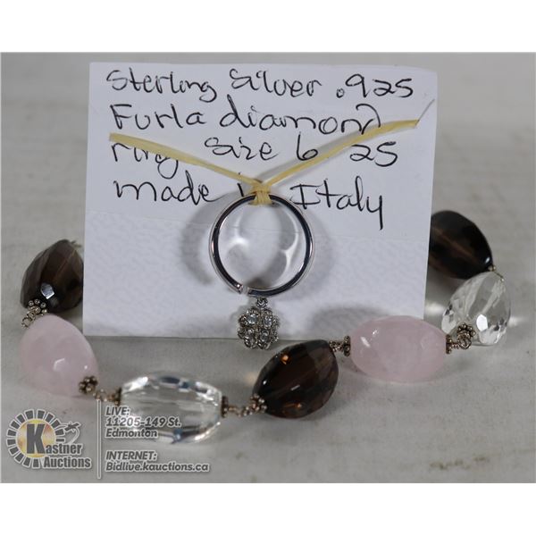 STERLING SILVER BRACELET, DIAM CHARM RING
