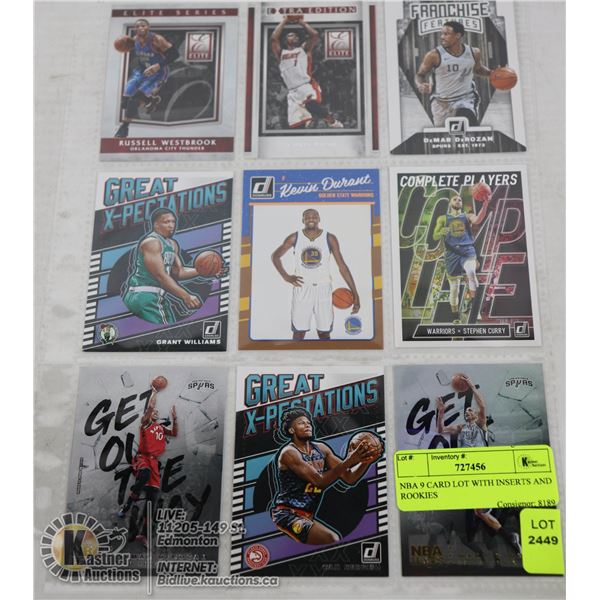 NBA 9 CARD LOT WITH INSERTS AND ROOKIES