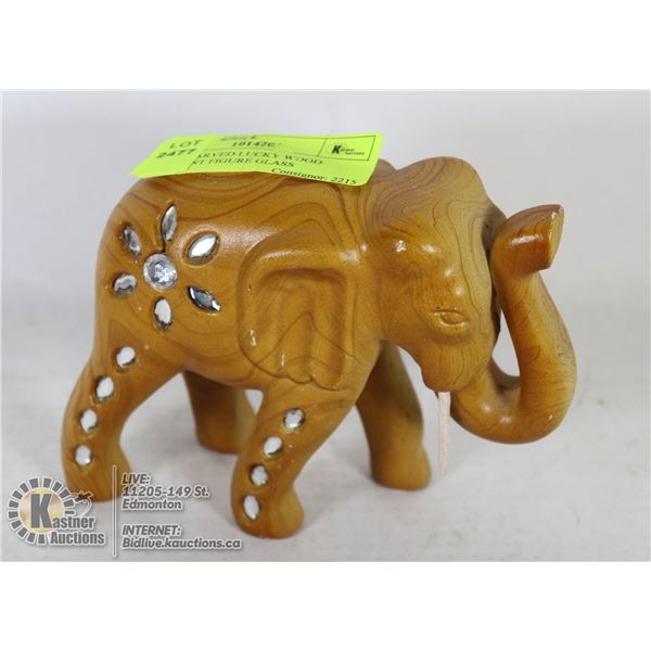 HAND CARVED LUCKY WOOD ELEPHANT FIGURE GLASS