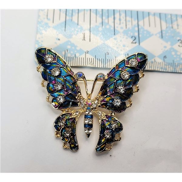 25)   GOLD TONE  IRRIDESCENT BLUE BUTTERFLY