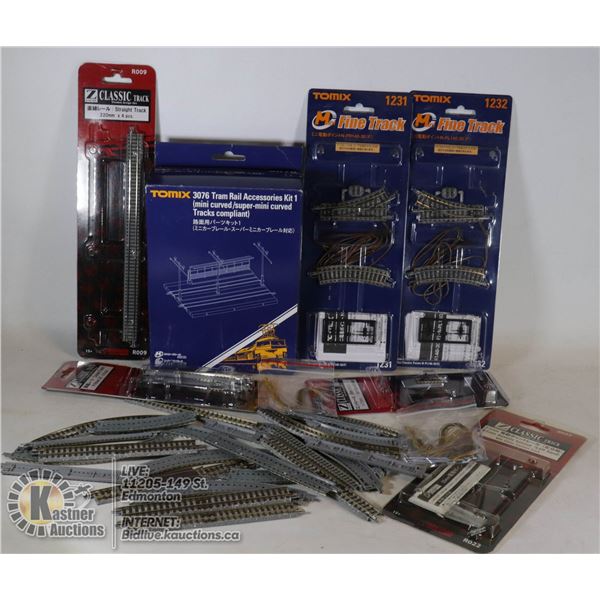 LARGE FLAT OF MODEL TRAIN TRACK SECTIONS AND MORE