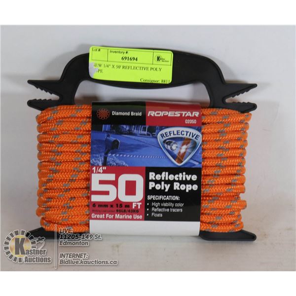 NEW 1/4" X 50' REFLECTIVE POLY ROPE