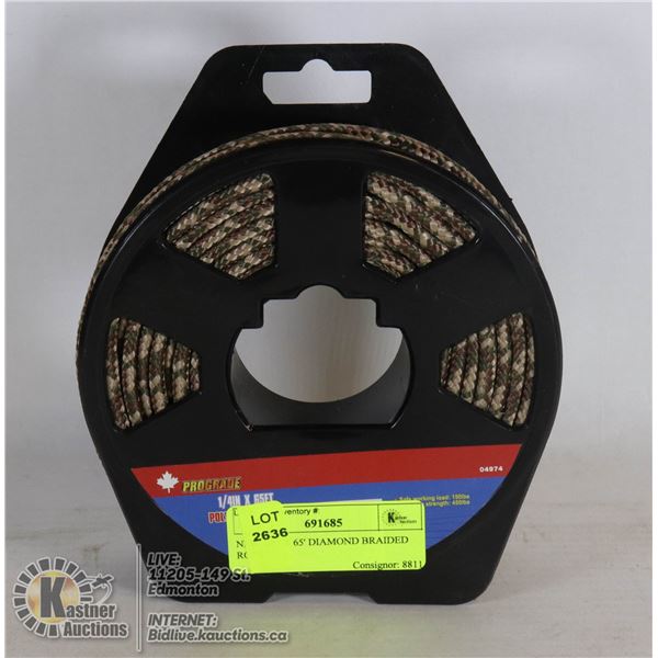 NEW 1/4" X 65' DIAMOND BRAIDED ROPE