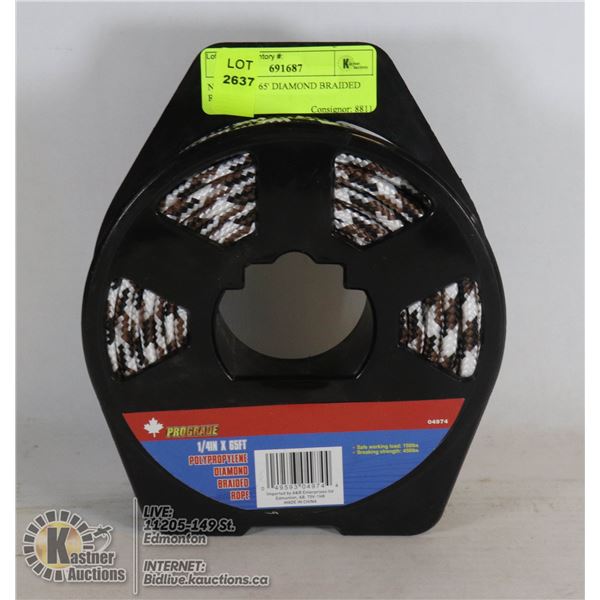 NEW 1/4" X 65' DIAMOND BRAIDED ROPE