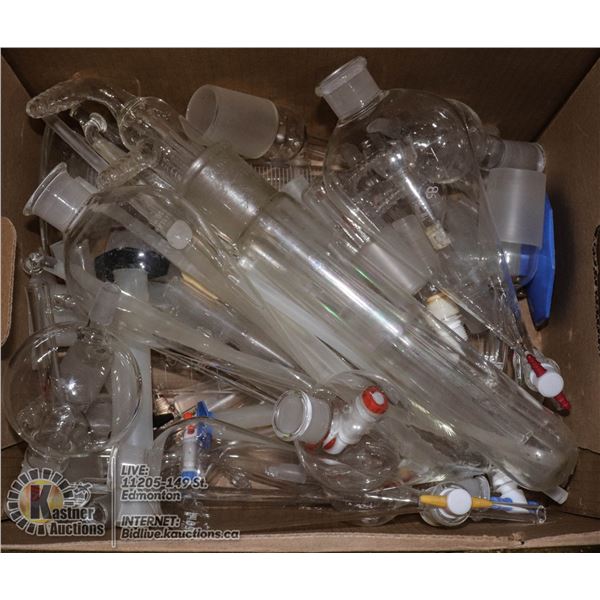 BOX OF GLASS LABRATORY EQUIPMENT