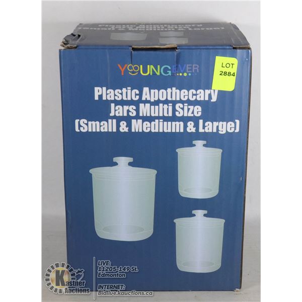 3 PLASTIC APOTHICARY JARS MULTI SIZE