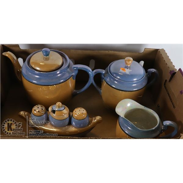 PEACH AND BLUE LUSTRE WARE TEAPOT SET
