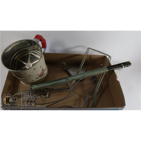 VINTAGE HOMEMAKING ITEMS FLOUR SIFTER, WOOL SOCK