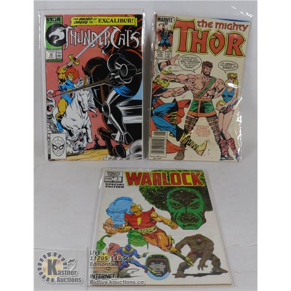 3 VINTAGE ASSTD COMICS. WARLOCK #1, MIGHT THOR &