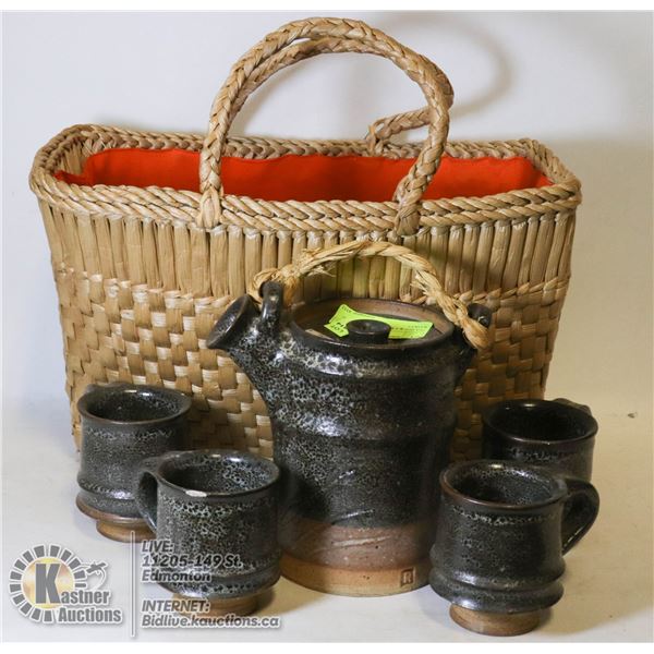 TEA POT & 4 MUG POTTERY SET IN BASKET