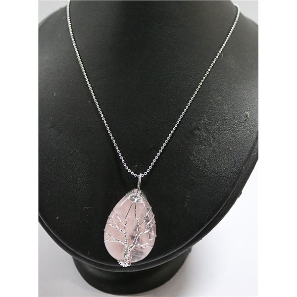 ROSE QUARTZ STONE TREE OF LIFE NECKLACE STAMPED