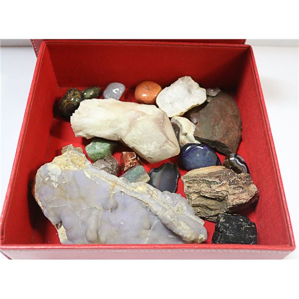 RED LEATHER BOX WITH LID WITH COLLECTION OF