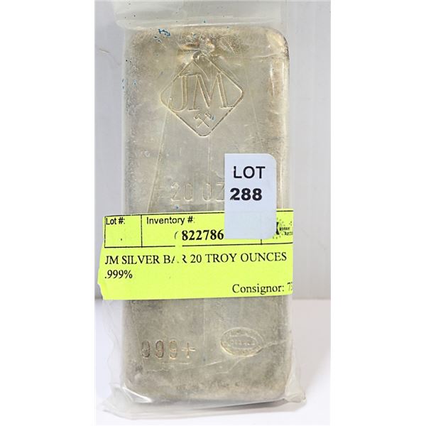 JM SILVER BAR 20 TROY OUNCES .999%