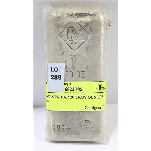 JM SILVER BAR 20 TROY OUNCES .999%