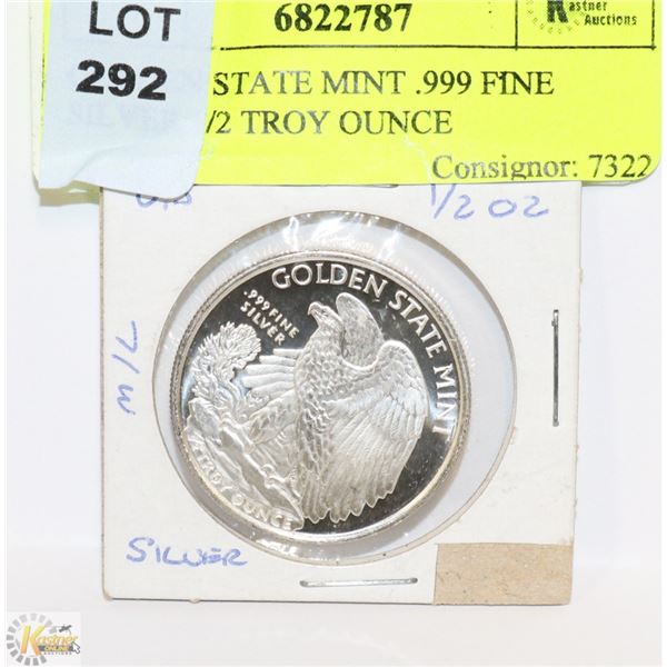 GOLDEN STATE MINT .999 FINE SILVER 1/2 TROY OUNCE