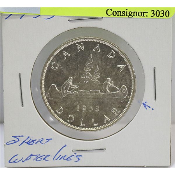 1953 SHORT WATERLINES CANADIAN SILVER 1 DOLLAR