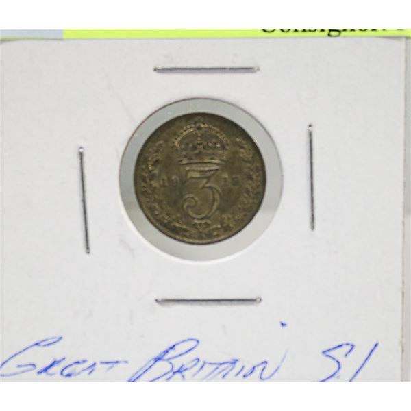 1919 GREAT BRITAN SILVER 3 PENCE COIN