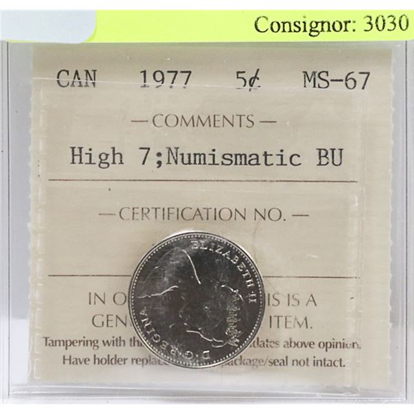 1977 CANADIAN 5 CENT HIGH 7 COIN CERT ICCS MS 67