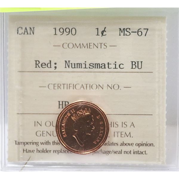 1990 CANADIAN 1 CENT COIN CERT ICCS MS 67 RED