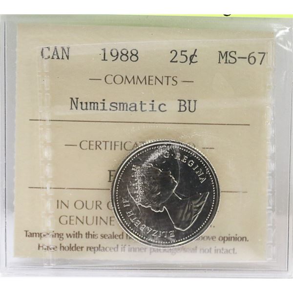 1988 CANADIAN 25 CENT COIN CERTIFIED ICCS MS 67