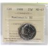 Image 1 : 1988 CANADIAN 25 CENT COIN CERTIFIED ICCS MS 67