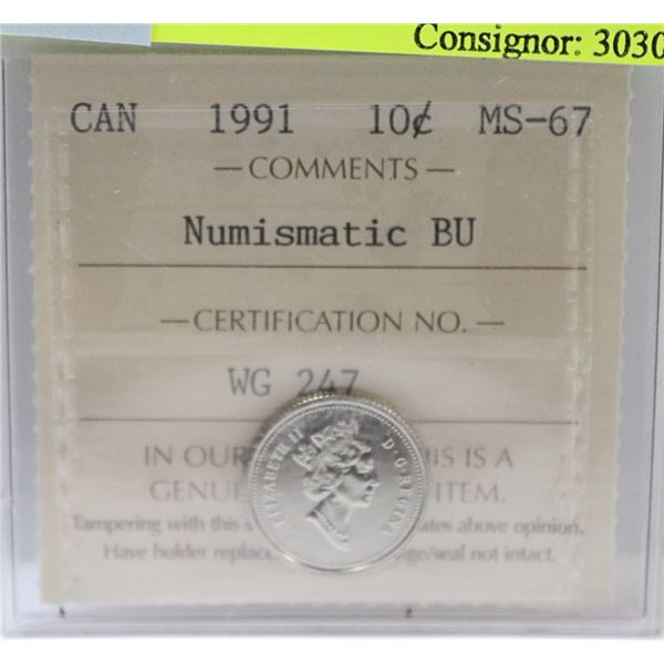 1991 CANADIAN 10 CENT COIN CERT ICCS MS67