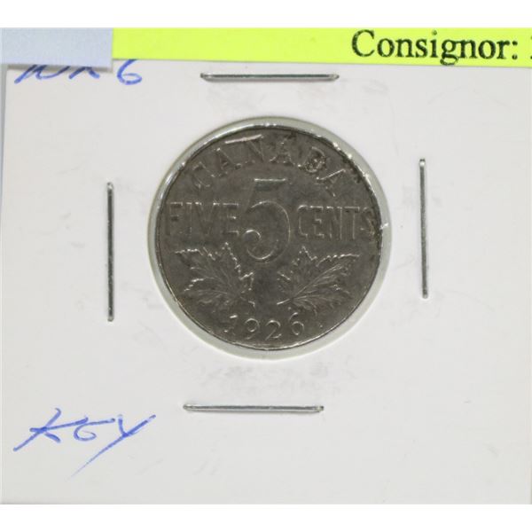KEY DATE 1926 NEAR 6 CANADIAN GV 5 CENT COIN