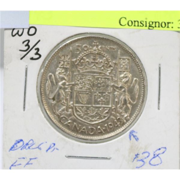 1943 DOUBLE DIE 3 OVER 3 CANADIAN GVI SILVER