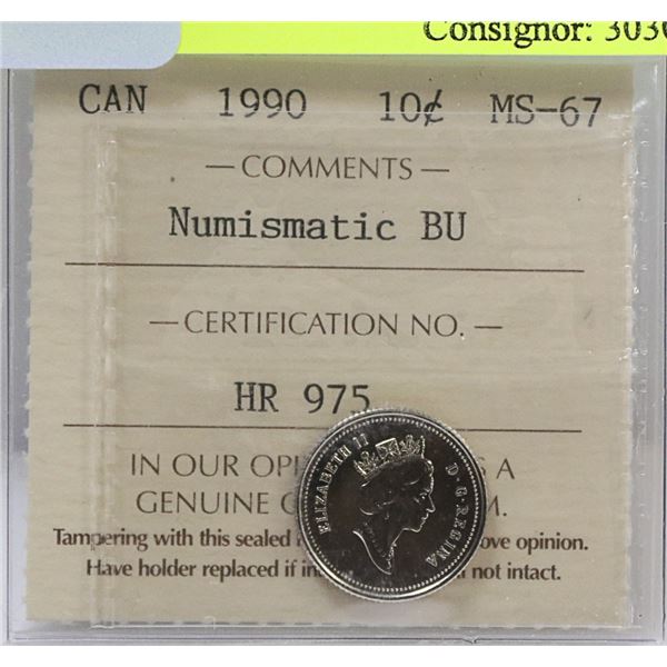 1990 CANADIAN 10 CENT COIN CERT ICCS MS67