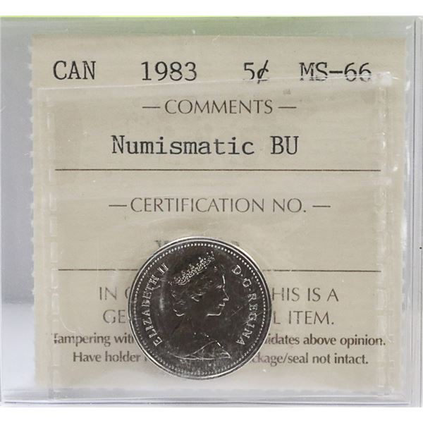1983 CANADIAN 5 CENT COIN CERT ICCS MS67