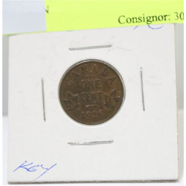 KEY DATE 1926 CANADIAN GV 1 CENT COIN