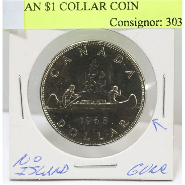 GEM UNC 1968 NO ISLAND CANADIAN $1 DOLLAR COIN