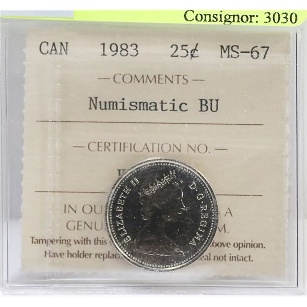 1983 CANADIAN 25 CENT COIN CERTIFIED ICCS MS 67