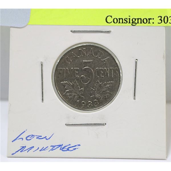 BETTER DATE 1933 CANADIAN GV 5 CENT COIN