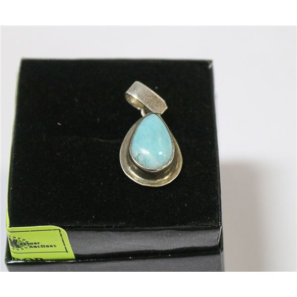VINTAGE TURQUOISE TEAR DROP PENDANT SET IN .925
