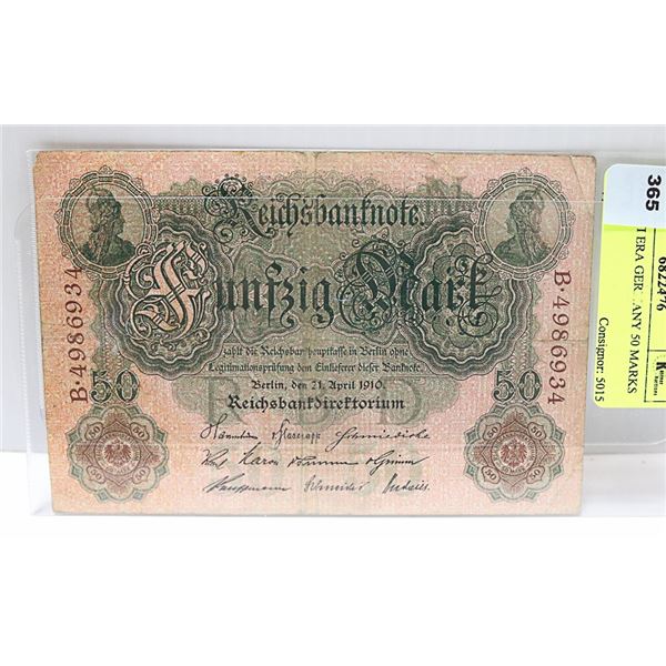 1910 WWI ERA GERMANY 50 MARKS NOTE