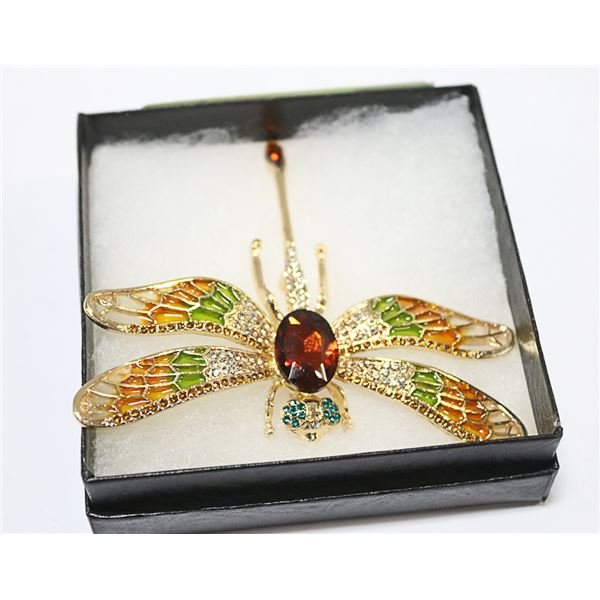 LARGE DRAGONFLY AMBER RHINESTONE BROOCH
