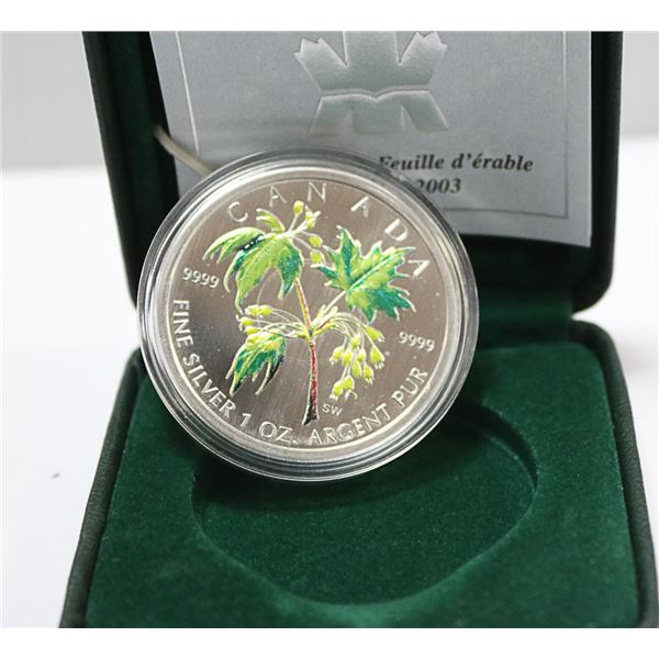 2005 FINE 1oz SILVER COLOURED MAPLE LEAF, MINT