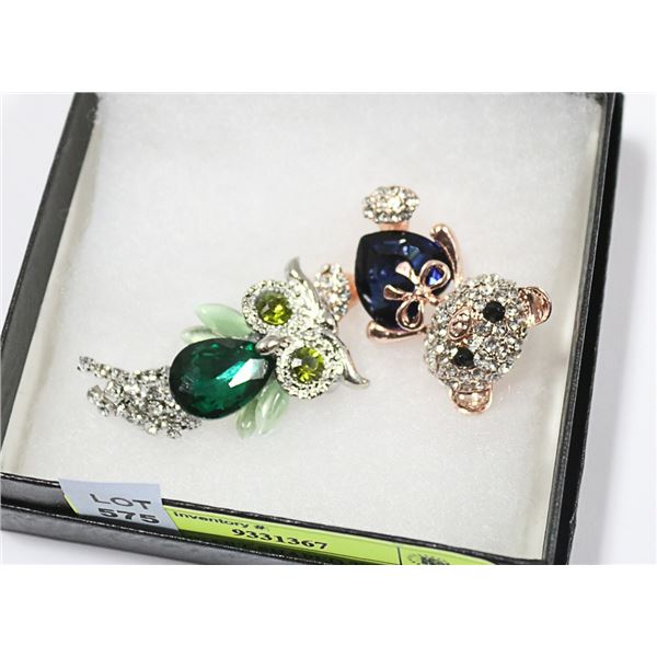 OWL & HEART SHAPED TEDDYBEAR RHINESTONE BROOCHS